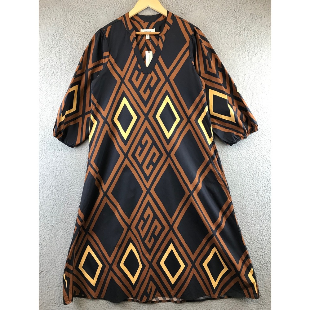 New Anthropologies PORRIDGE Women's Geometric‎ Print V Neck Midi Dress Brown M